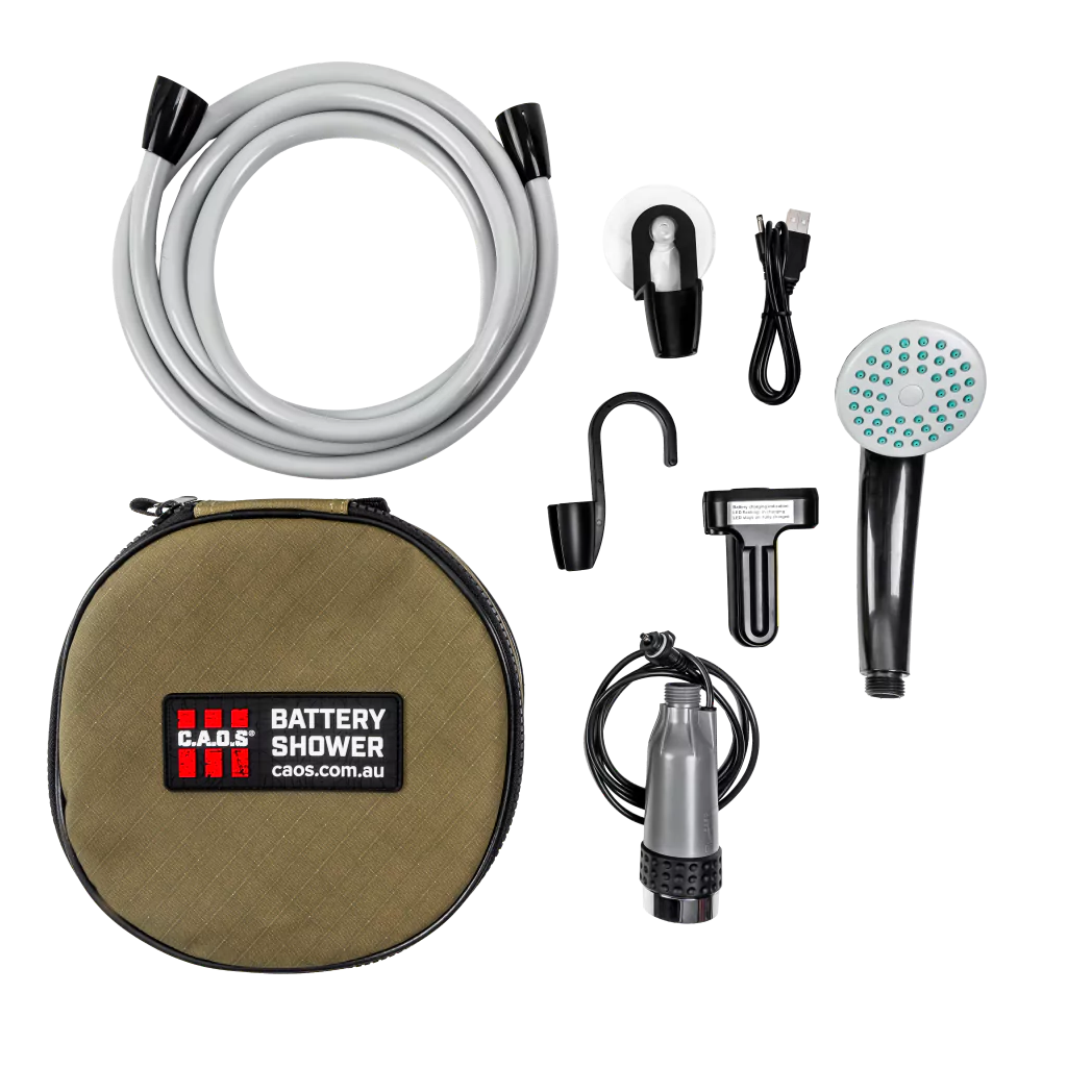 CAOS USB Rechargeable Camp Shower (Sealed Switch) + FREE Spare Battery Pack