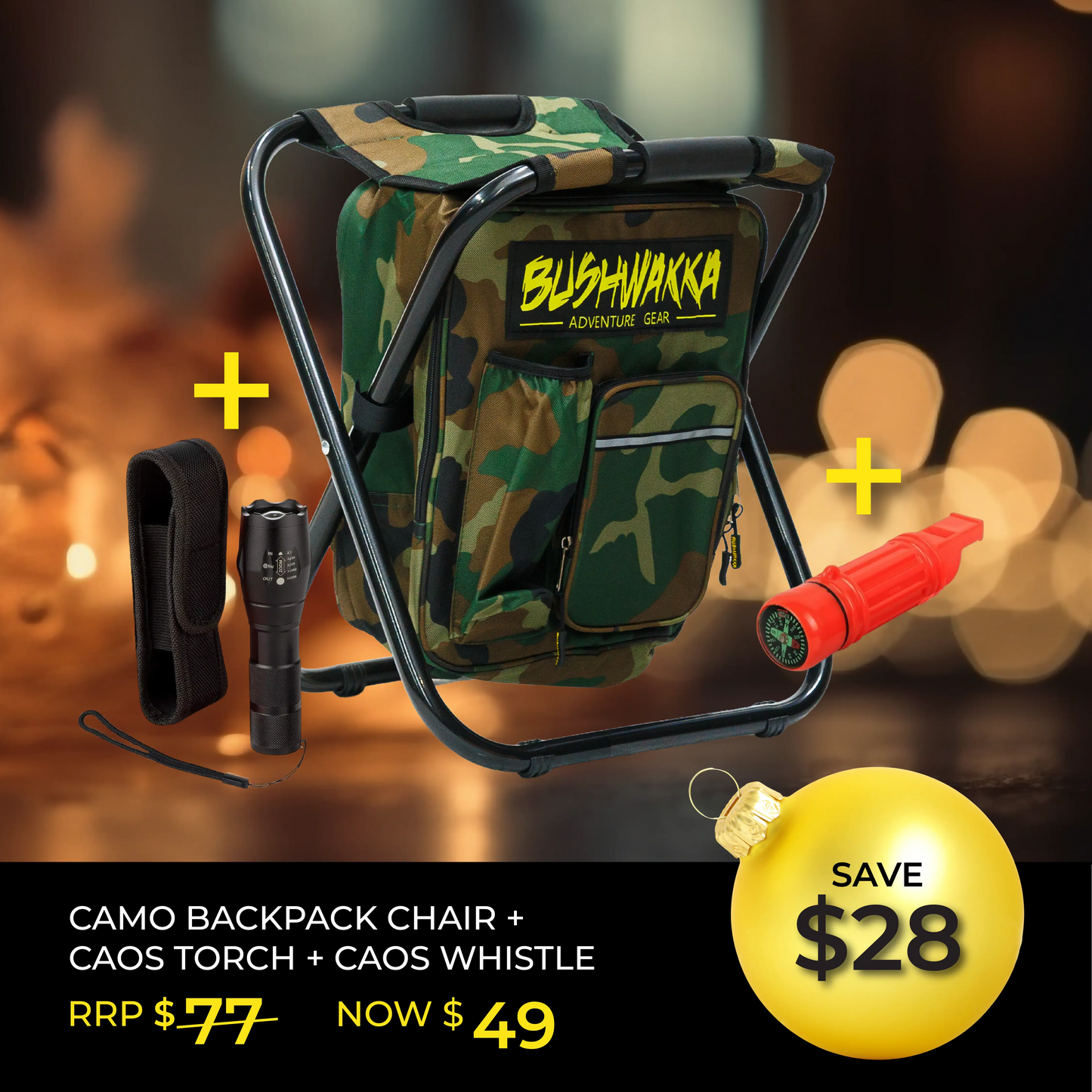Bushwakka Backpack Camo Chair + CAOS Torch & Survival Whistle