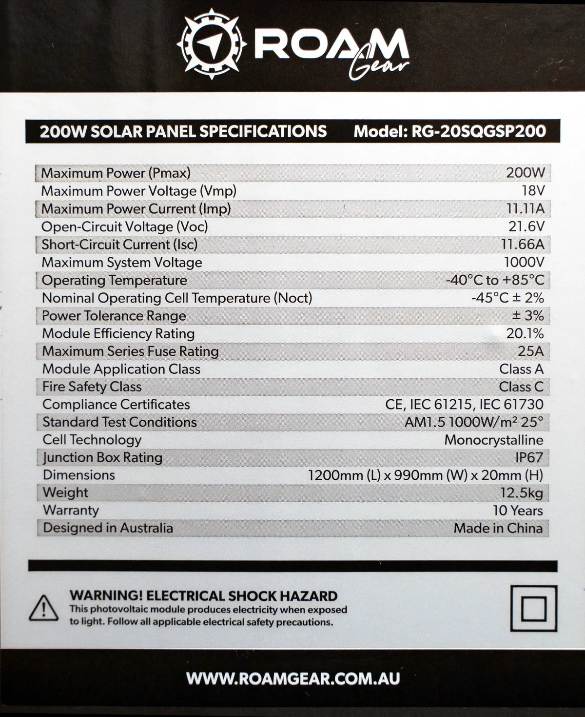 Roam Gear 200W 12V Slimline Square Black Glass Solar Panel (20mm Frame)