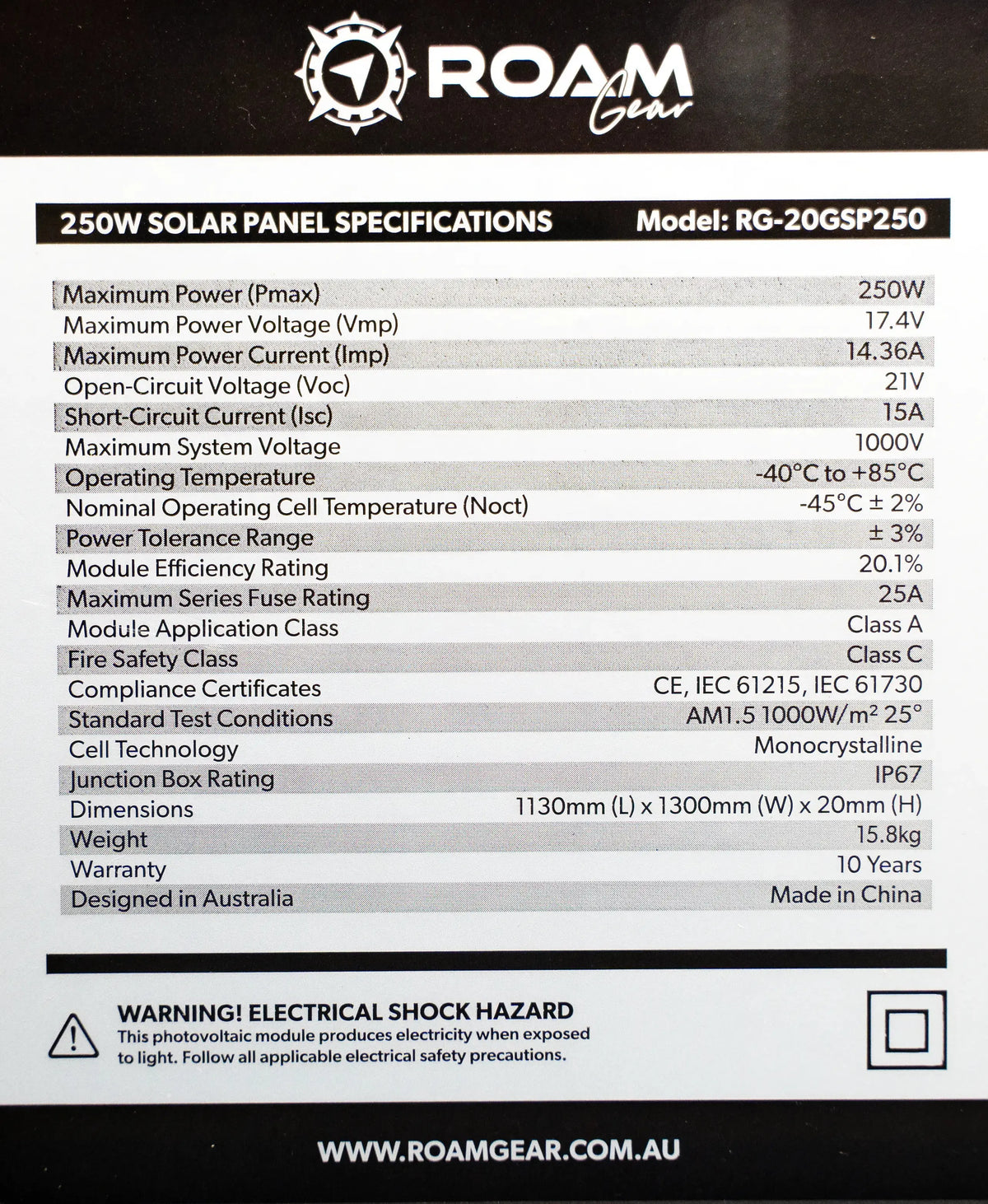 Roam Gear 250W 12V Slimline Black Glass Solar Panel (20mm Frame)